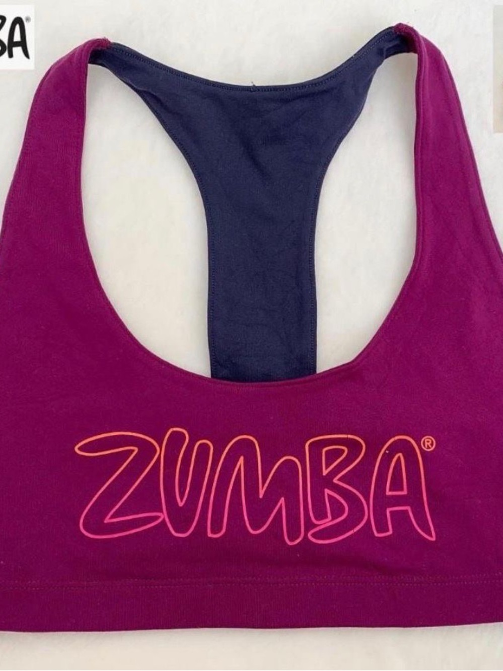 Zumba WEAR Spicy Sports Bra Violet Pink Navy Size S Supplex Racerback Wireless